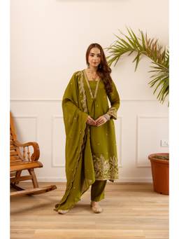 Nehamta - Women's Olive Green Cotton Kurta With Pant and Dupatta