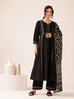 Vbuyz - Women's Black Solid A-Line Cotton Stitched Kurta and Pant with Dupatta