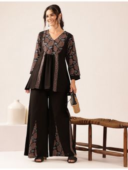 Vbuyz - Women's Black Leaf A-Line Cotton Stitched Tunic and Palazzo