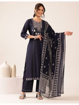 Vbuyz - Women's Navy Blue Geometric Cotton Stitched Kurta and Pant with Dupatta