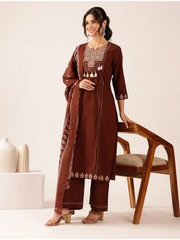 Vbuyz - Women's Brown Geometric Cotton Stitched Kurta and Pant with Dupatta