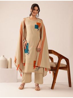 Vbuyz - Women's Beige Applique Mul Cotton Stitched Kurta and Pant with Dupatta