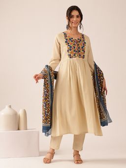 Vbuyz - Women's Cream Yoke Design Mul Cotton Stitched Kurta and Pant with Dupatta