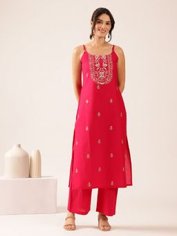 Vbuyz - Women's Pink Floral Straight Cotton Stitched Kurta with Pant