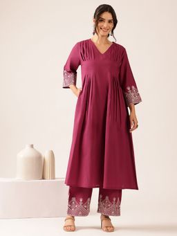 Vbuyz - Women's Purple Solid A-Line Cotton Stitched Kurta with Pant
