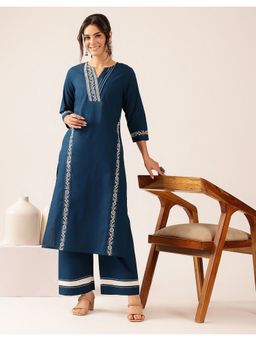 Vbuyz - Women's Teal Yoke Design Straight Cotton Stitched Kurta with Pant