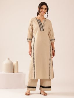 Vbuyz - Women's Off White Yoke Design Straight Cotton Stitched Kurta with Pant