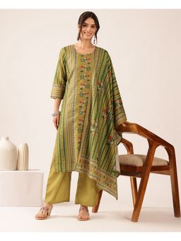 Vbuyz - Women's Mehendi Green Floral Mul Cotton Stitched Kurta and Pant with Dupatta