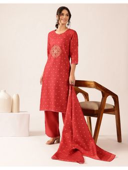 Vbuyz - Women's Rust Block Print Mul Cotton Stitched Kurta and Pant with Dupatta