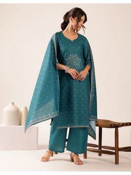 Vbuyz - Women's Blue Block Print Mul Cotton Stitched Kurta and Pant with Dupatta