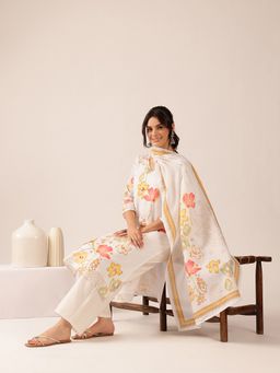 Vbuyz - Women's White Floral Mul Cotton Stitched Kurta and Pant with Dupatta