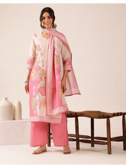 Vbuyz - Women's Pink Floral Mul Cotton Stitched Kurta and Pant with Dupatta