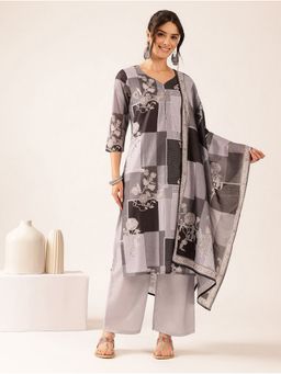 Vbuyz - Women's Grey Block Print Mul Cotton Stitched Kurta and Pant with Dupatta