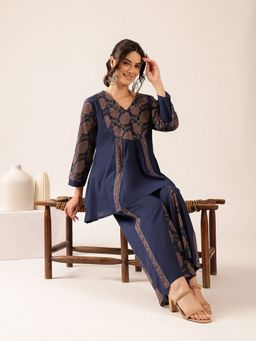 Vbuyz - Women's Navy Blue Yoke Design A-Line Cotton Stitched Tunic and Palazzo
