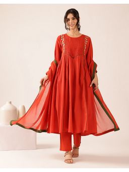 Vbuyz - Women's Red Solid Flared Cotton Stitched Kurta and Pant with Dupatta
