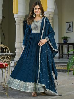 Vaamsi - Women Teal Georgette Solid Yoke Design Anarkali Kurta with Dupatta (Set of 2)