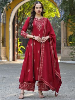 Vaamsi - Women Red Silk Blend Embroidered A-Line Kurta Palazzo with Dupatta (Set of 3)