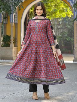 Vaamsi - Red Rayon Blend Printed Anarkali Kurta with Pant and Dupatta (Set of 3)
