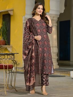 Vaamsi - Brown Rayon Blend Floral Printed Straight Kurta with Trouser and Dupatta (Set of 3)