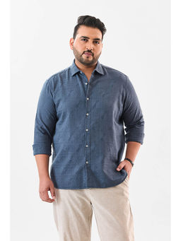 Snitch - Navy Blue Self-Design Full Sleeves Casual Plus Size Shirt for Men