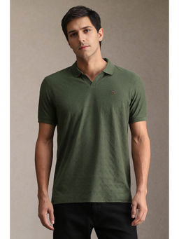 Louis Philippe - Men Olive Textured Collar Neck Polo T-shirt