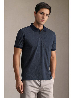 Louis Philippe - Men Navy Blue Print Collar Neck Polo T-shirt