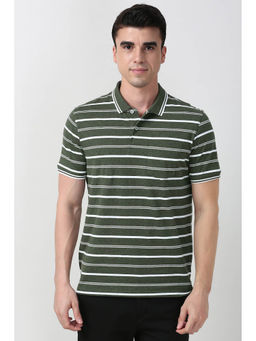 Peter England - Men Olive Stripe Collar Neck Polo T-shirt