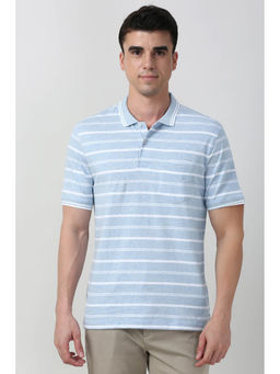 Peter England - Men Light Blue Stripe Collar Neck Polo T-shirt