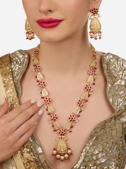 Zaveri Pearls - Rani Pink Stones Beads Peacock Inspired Long Necklace and Earring Set