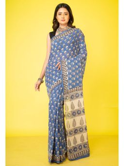 Unnati Silks - Blue Pure Bagru Mulmul Cotton Saree with Unstitched Blouse