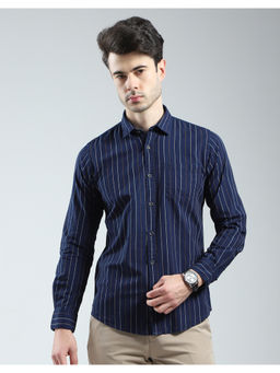 Monte Carlo - Mens Navy Blue Striped Collar Neck Shirt