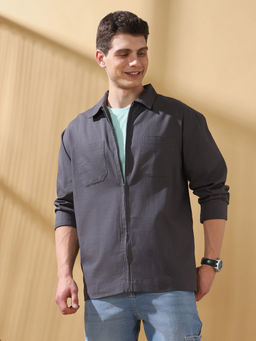 Dennis Lingo - Men Dark Grey Solid Full Sleeves Relaxed Fit Shirt