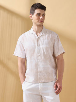 Dennis Lingo - Men Beige Printed Cuban Half Sleeves Relaxed Fit Shirt