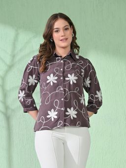 MYSHKA - Women Causal Printed Style Embroidered Shirt Purple