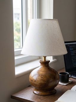 Fabindia - Brown Wooden Picolo Bedside Table Lamp With Shade