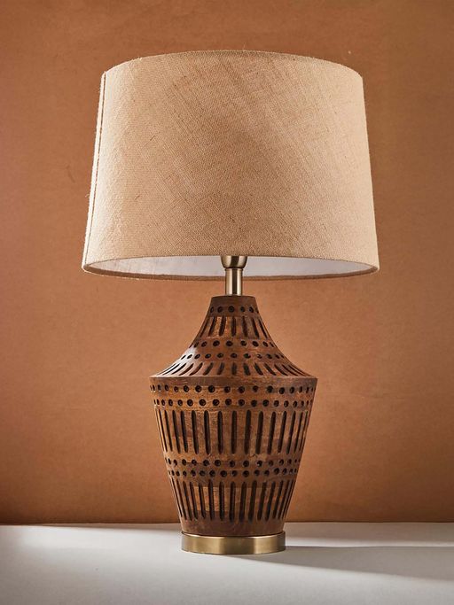 Fabindia Brown Wood Bedside Table Lamp with Shade