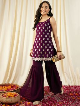 Mabish By Sonal Jain - Purple Printed Kurta with Sharara (Set of 2)