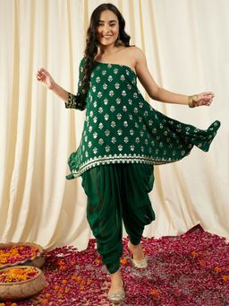Mabish By Sonal Jain - Green Printed One Shoulder Asymmetric Top with Dhoti Pants (Set of 2)