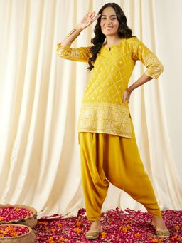 Mabish By Sonal Jain - Yellow Printed Short Kurta with Low Crotch Dhoti (Set of 2)