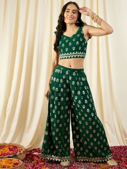 Mabish By Sonal Jain - Green Printed Crop Top with Back Tie & Palazzo (Set of 2)