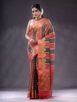 CHARUKRITI - Fuchsia And Black Organza Handwoven Saree With Unstitched Blouse