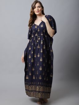 Secret Wish - Navy Blue Printed Cotton Kaftan Nighty