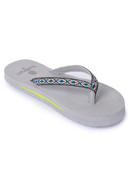 NoStrain - Women Grey and Fluorescent Peach Ikat Design Stylish Flipflops