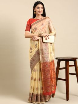 VAIRAGEE - Cream Ethnic Motifs Woven Design Saree with Unstitched Blouse