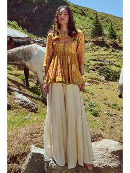 Paulmi & Harsh - Yellow Naksha Print Peplum Top with Palazzo (Set of 2)