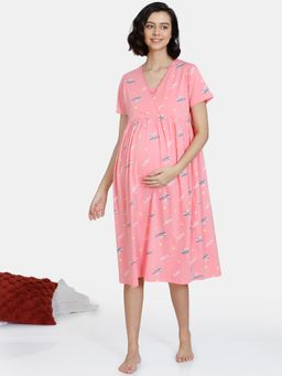 Zivame - Maternity Knit Poly Mid Length Nightdress - Pink Icing