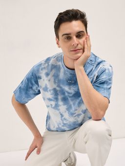 The Bear House - Men Blue Cotton Tie and Dye Oversize T-Shirt