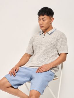 The Bear House - Mens Slim Grey Cotton Self Design Polo T-Shirt