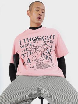 Bewakoof - Official Garfield Men's Cheeky Pink I Thought Weekend Typography Oversized T-shirt