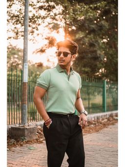 JAVINISHKA - Mint Green Knitted Pure Cotton Slim Fit Polo T-Shirt